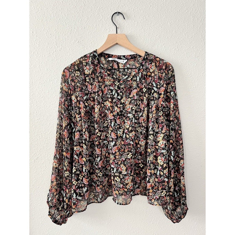 Zara Floral Henley Chiffon Gold Metallic Peasant Boho Balloon Sleeve Blouse Sz L